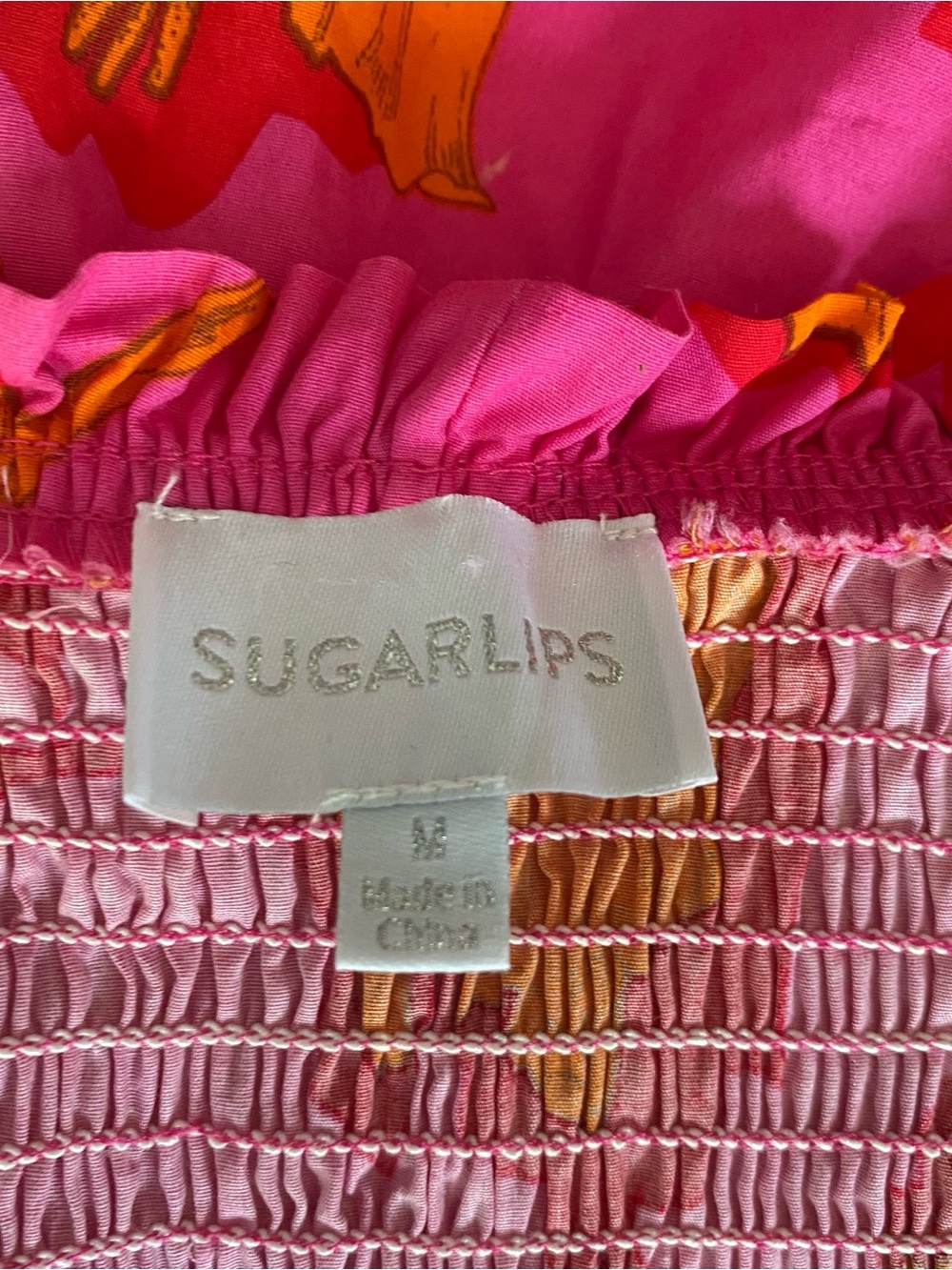 Sugarlips Hot Pink & Orange Floral Smocked Dress Medium - Picture 3 of 9